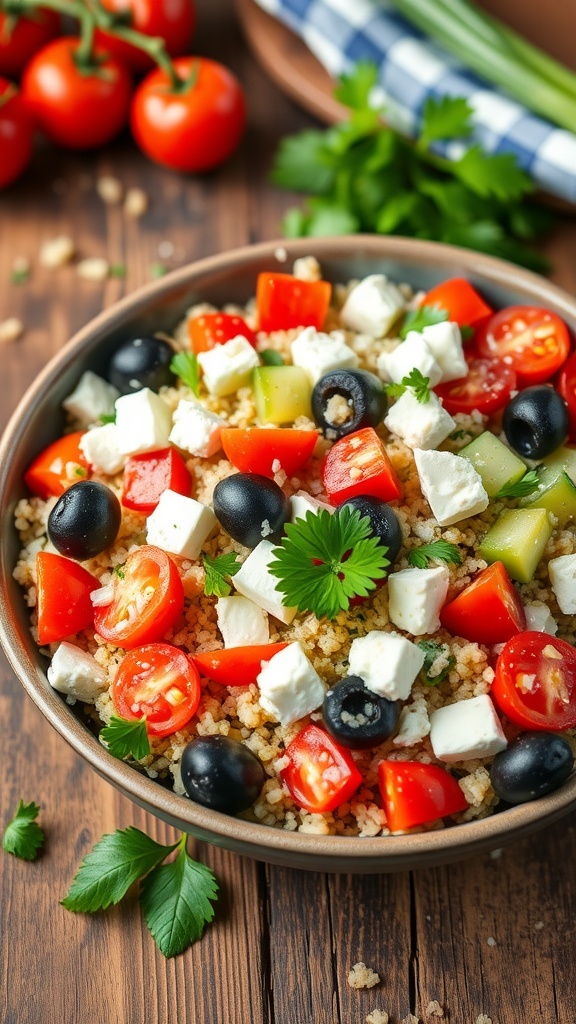 A colorful Greek quinoa salad with tomatoes, cucumbers, olives, and feta cheese in a bowl.
